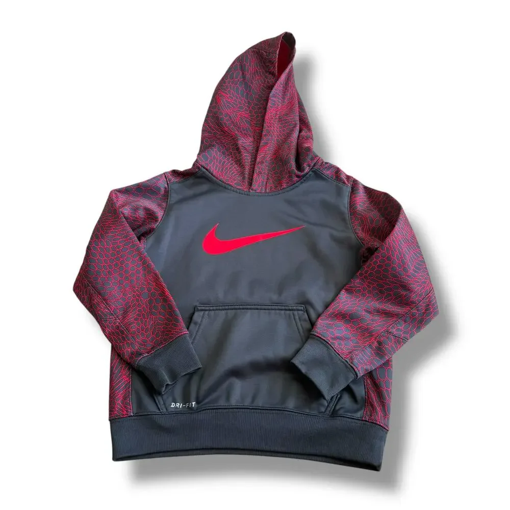 Nike Boys Gray Red Dri-FIT Hoodie Scales Print -‎ Size S 4-5 Kangaroo Pocket